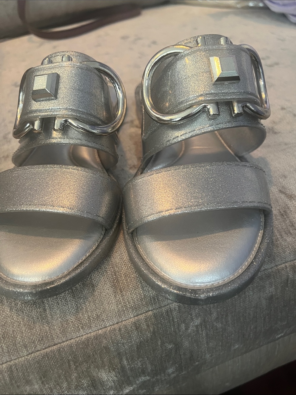 Salvatore Ferragamo Metallic Silver Buckle Slide Sandals